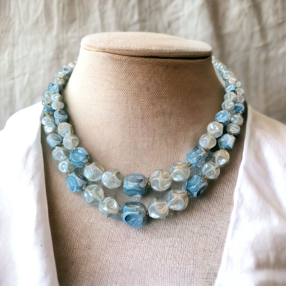 Vintage Signed Hong Kong Shades Of Blue Marbled Double 2 Strand Beaded Necklace